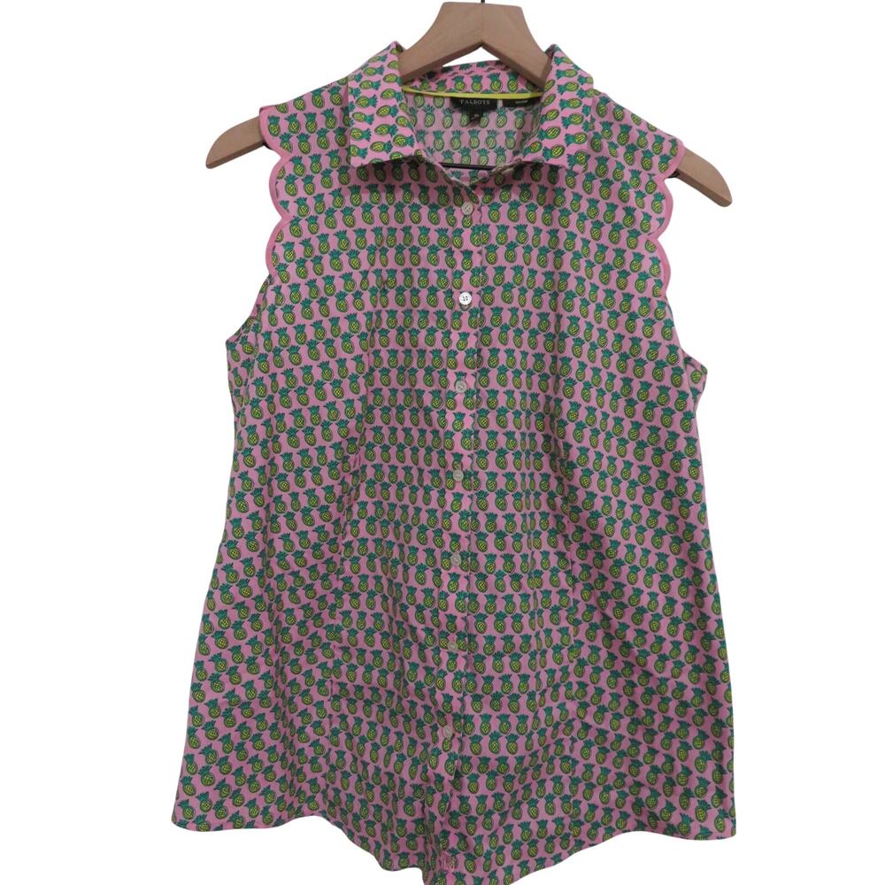 Talbots Sz 10 Pink Pineapple Print Button Front Top Tropical Preppy Sleeveless